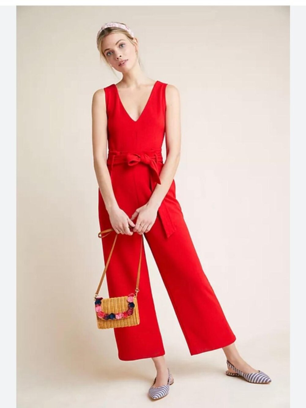 Anthropology  Structured Jumpsuit, Red, Tie Front, M, Poly/Spandex, Pockets, Zip